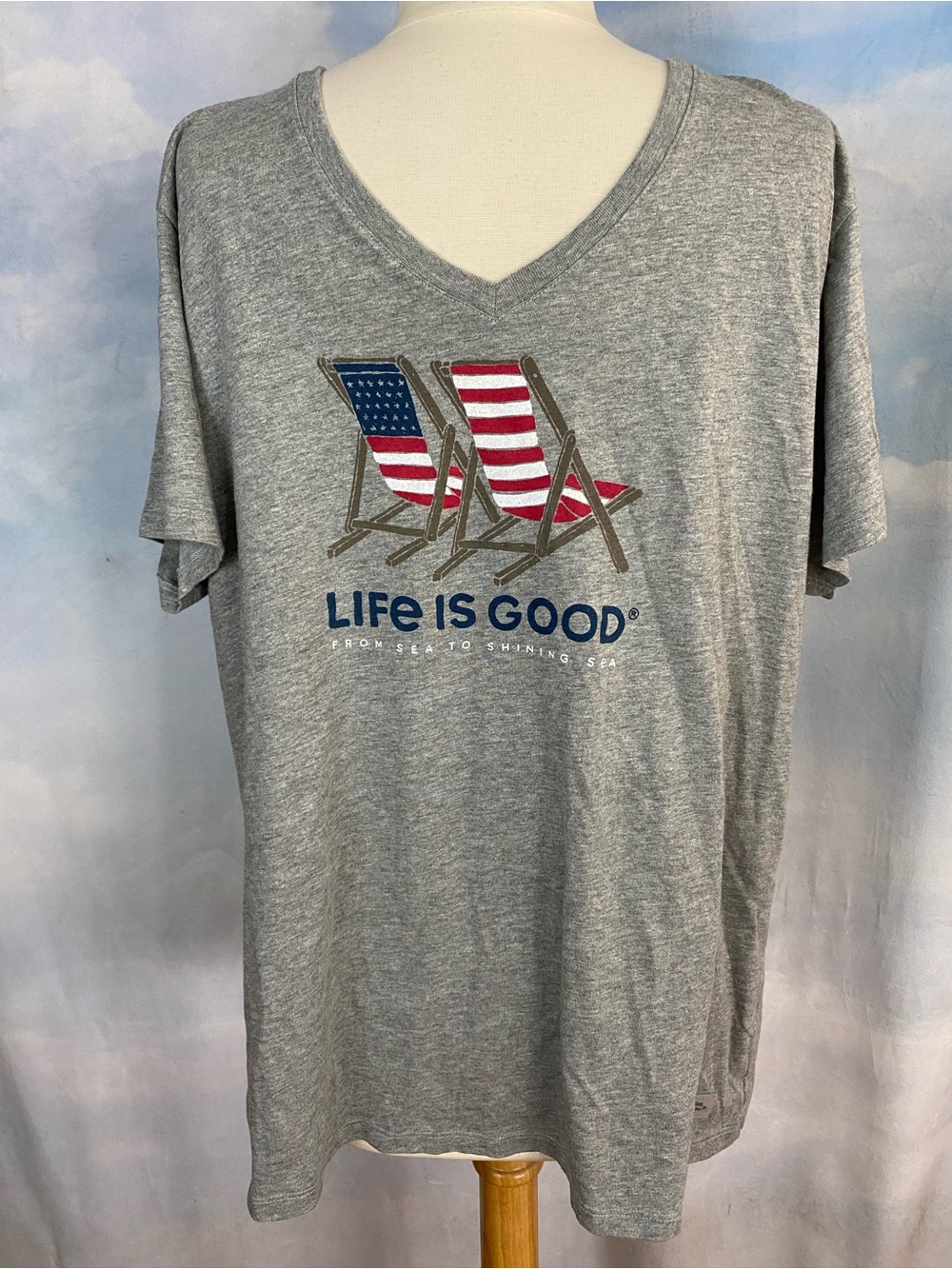 Life Is Good Gray V-Neck Tee with American Flag Deck Chair Graphic
